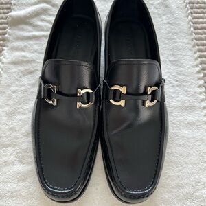 Salvatore Ferragamo Black Leather Loafers with Silver Buckle